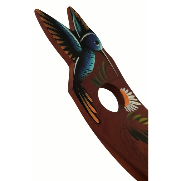 COSTA RICA Wine Bottle Holder 12" Handpainted Hummingbird Flower Wood Balancing - Picture 2 of 8